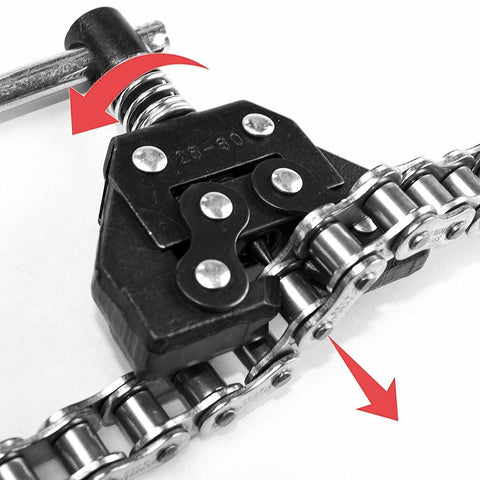Front view of black roller chain tool kit with breaker and silver chain links.