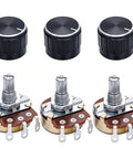 Three Pack 1M Ohm Potentiometer Single Turn Rotary Linear Variable Potentiometer with Three Black Aluminum Alloy Knob Set for DIY Audio Gear Instrument and Electronics Projects, black knobs and shafts