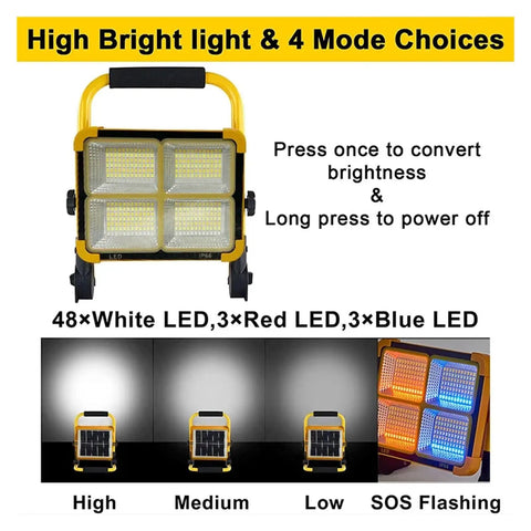 JUDYSSY 2000W Solar Flood Light Outdoor Portable Led Reflector Spotlight with 4 modes for brightness control