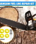 Chainsaw cutting wood with inset image of 4 Size Fuel Line Repair Kit With 4 Feet Of Durable Lines For Chainsaws And Trimmers