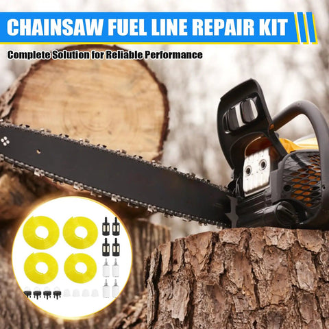 Chainsaw cutting wood with inset image of 4 Size Fuel Line Repair Kit With 4 Feet Of Durable Lines For Chainsaws And Trimmers