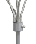 Close-up of silver base and gooseneck joints on 67 Inch Contemporary Medusa Five Light Adjustable Gooseneck Floor Lamp With Silver Finish And Colorful Shades In Green Lilac Coral Teal Pink, Totally Kid Friendly For Bedrooms, Playrooms, Living Rooms, And Home Offices