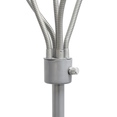 Close-up of silver base and gooseneck joints on 67 Inch Contemporary Medusa Five Light Adjustable Gooseneck Floor Lamp With Silver Finish And Colorful Shades In Green Lilac Coral Teal Pink, Totally Kid Friendly For Bedrooms, Playrooms, Living Rooms, And Home Offices