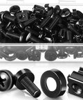 Hella Sturdy M6 Rack Mount Screws And Cage Nuts With Black Washers Stainless Steel Server Cabinet Hardware 100 Pack in a clear box