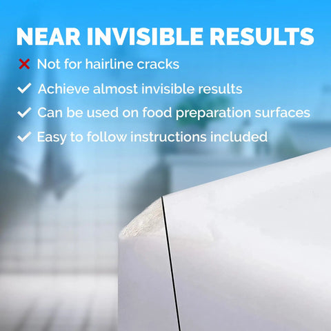 Close-up of a countertop chip showing repair instructions for All-In-One Countertop Repair Kit For Quartz And Other Surfaces With Three Colors And Polisher Easy DIY Fix For Chips On Granite Acrylic Fiberglass Porcelain Tile And Ceramic.