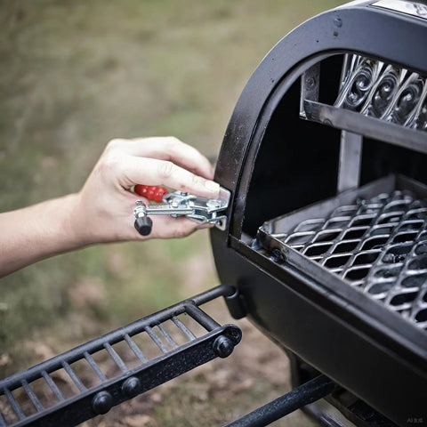 Hand installing Lid Clamp Replacement For Longhorn And Highland Smokers, 1 Pack on offset grill firebox.