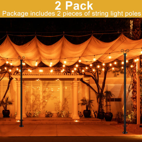 Two Pack 8 Foot Heavy Duty Metal String Light Poles For Outdoor Deck Garden Fence Yard Party And Wedding Lighting Kit