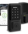 Lock Down Your Home Base With This Fly WiFi Smart Lock That Skips The Hub Hassle Entirely For Pure Keyless Entry Perfection Via Touchscreen Deadbolt In Matte Black, with app interface on phone.