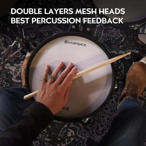 Hand playing on ACE 970 Electric Drum Set with Dual Zone Mesh Pads showcasing realistic drum feel