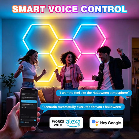 Lit Hexagon RGB LED Light Panels Kit With Music Sync App And Remote Control in a living room setting with people dancing