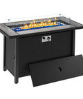 45 Inch Propane Fire Table With 50000 BTU Fire Pit, Glass Wind Guard And Rain Cover, 3 In 1 Outdoor Fire Table For Patio Yard Balcony Hangouts, Gray Tabletop Surface, showing flame with open panel