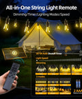 50ft Solar String Lights Outdoor With Remote Control S14 Bulbs Dimmable 3 Modes Waterproof setup near tent