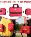 Ultimate 530 Piece Go-To First Aid Kit for Home Car Camping Travel Hiking; red detachable pouches on backpack and carried by hand