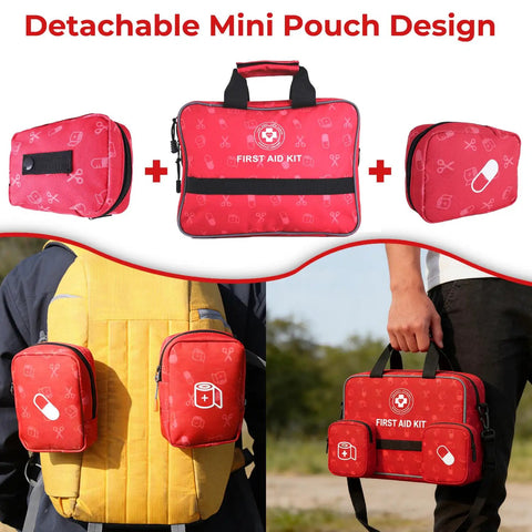 Ultimate 530 Piece Go-To First Aid Kit for Home Car Camping Travel Hiking; red detachable pouches on backpack and carried by hand
