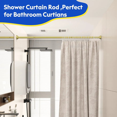 Gold Shower Curtain Rod Adjustable From 32 To 83 Inches No Drilling Spring Tension Bar With Two Free Anti Slip Holders Rust Resistant Finish For Bathroom Window Living Room Patio shown in bathroom setting.