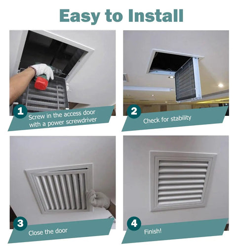 Installation process of Rock Solid 16X20 Aluminum Access Panel Door with Washable Filter, showing steps for use.