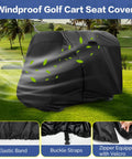 Heavy Duty Waterproof Golf Cart Cover For 4 To 6 Passenger Universal Fit Yamaha Honda Club Car Ezgo All Weather Protection Outdoor Storage Dustproof UV Resistant Shield displayed outdoors showing elastic band and buckle straps for secure fit.