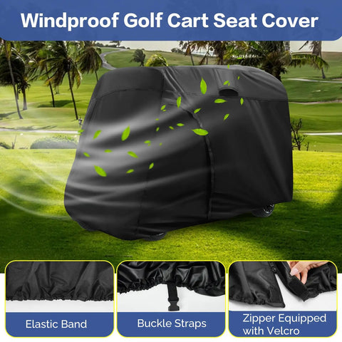 Heavy Duty Waterproof Golf Cart Cover For 4 To 6 Passenger Universal Fit Yamaha Honda Club Car Ezgo All Weather Protection Outdoor Storage Dustproof UV Resistant Shield displayed outdoors showing elastic band and buckle straps for secure fit.