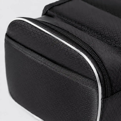 Close-up of Dope Durable Bike Frame Bag For Long Rides, 20x16x6cm, showing zipper closure and wear-resistant black exterior with white edge.