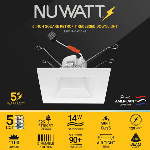 6 Inch Square LED Recessed Downlight Kit With 5 CCTs 2700K Through 5000K, 1100 Lumens 14W, Dimmable, Wet Rated ETL Square Can Light For Bathrooms, Kitchens, And Living Areas, Retrofit Recessed Housing