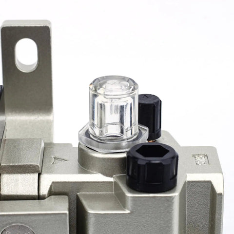 Close-up of Dual Unit Quarter Inch NPT Pro Grade Compressed Air Filter Regulator Lubricator Combo With Gauge And Bracket