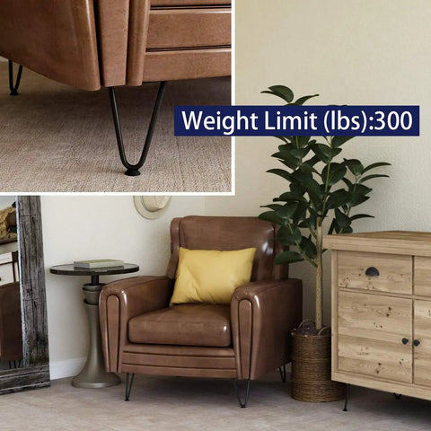 6 Inch Heavy Duty Hairpin Furniture Legs With Rubber Feet Satin Black Steel 300 LB Capacity 4 Pack shown on sofa