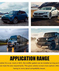 ZNDAW 65mm car exhaust gasket collage; four vehicles shown: blue SUV, white sedan, blue semi-truck, blue Jeep Wrangler.