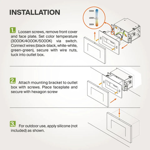Installation steps for LED Recessed Step Light for Outdoor and Indoor Stairs 3CCT Dimmable Waterproof ETL Listed 3W 120LM 120V Hardwired Black 4 Pack.