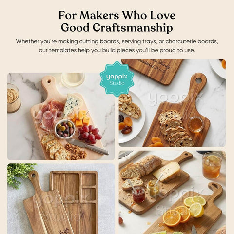 Charcuterie boards showcasing various designs and uses with food, illustrating the Charcuterie Board Router Template Kit Pro-Grade 9-Piece.