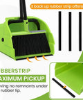 Triple Pack Super Sized Commercial Broom And Dustpan Set With Extra Long Handle showing a green dustpan with rubber strip for maximum pickup.