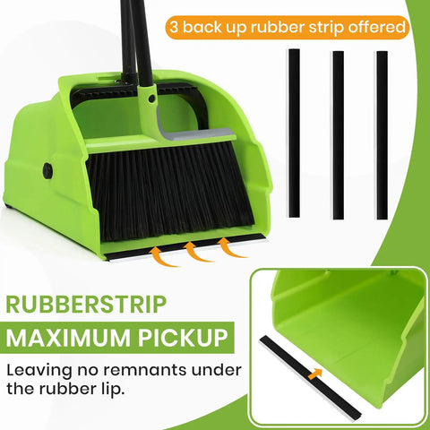 Triple Pack Super Sized Commercial Broom And Dustpan Set With Extra Long Handle showing a green dustpan with rubber strip for maximum pickup.