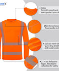 Men Class 3 High Visibility Long Sleeve Safety Shirt Built Like A Tank For Job Sites With Heat Transfer Reflective Tape Ansi Certified Orange Workwear Crew Approved Night Shift Ready featuring reinforced sewing, collar, and reflective tape.