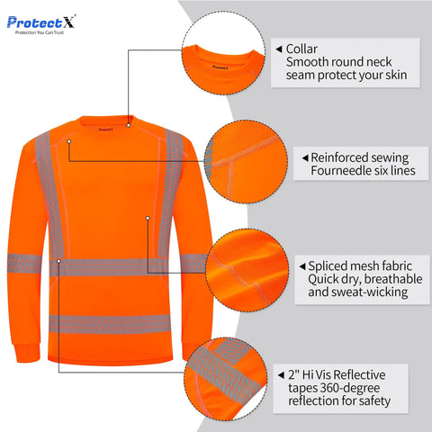Men Class 3 High Visibility Long Sleeve Safety Shirt Built Like A Tank For Job Sites With Heat Transfer Reflective Tape Ansi Certified Orange Workwear Crew Approved Night Shift Ready featuring reinforced sewing, collar, and reflective tape.