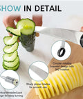 Front view of a stainless steel 2-in-1 kitchen cutter for cucumbers and potatoes with rotating bracelet and sharp blades.