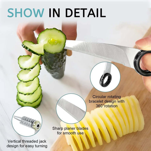 Front view of a stainless steel 2-in-1 kitchen cutter for cucumbers and potatoes with rotating bracelet and sharp blades.
