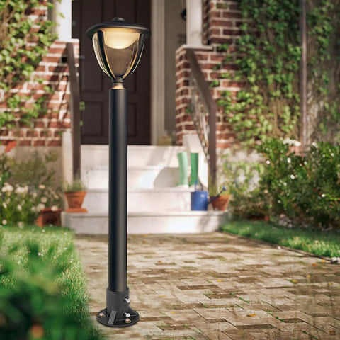 Outdoor lamp post on walkway with 2 Inch Floor Flange Chain Link Fence Post Bracket Beefy Heavy Duty Steel Base