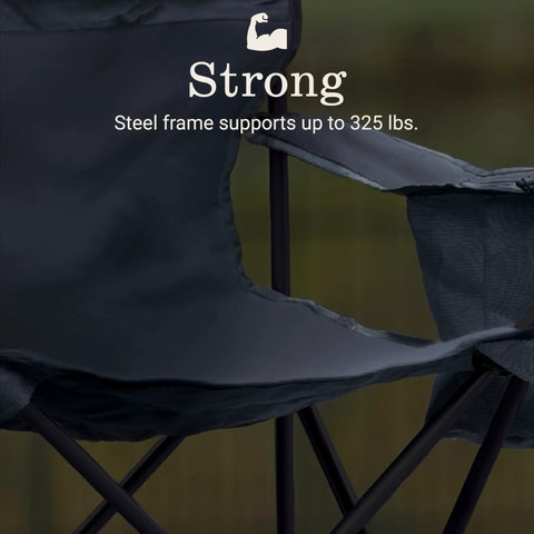 Portable Camping Chair With Built In Four Can Cooler Cushioned Seat And Back Side Pockets Cup Holder Carry Bag Included Ideal For Camping Tailgating Fire Pits Patio And More, black steel frame close-up supports 325 lbs