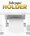 Total Game Changer, Two Shelf Wall Mounted Toilet Paper Holder With Natural Marble Top And Sleek Nickel Finish, No Sweat Screw Setup Bathroom Tissue Holder, close up view with marble top and brushed nickel holder.