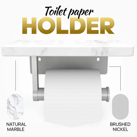 Total Game Changer, Two Shelf Wall Mounted Toilet Paper Holder With Natural Marble Top And Sleek Nickel Finish, No Sweat Screw Setup Bathroom Tissue Holder, close up view with marble top and brushed nickel holder.