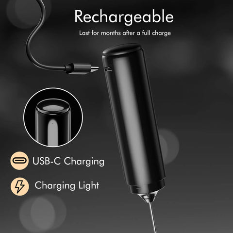 Usb Rechargeable Milk Frother Handheld 2 In 1 Dual Spring Whisk Electric Frother Wand with USB-C charging cable shown.