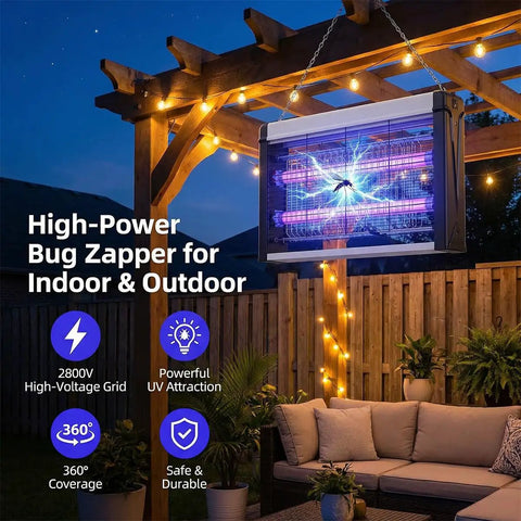Indoor Outdoor Bug Zapper With Removable Washable Tray And Powerful Grid Trap For Flies Mosquitoes Gnats Moths And Other Flying Pests Easy Clean Insect Zapper For Home Kitchen Camping Dual Wavelength LED Attraction in outdoor patio setting.