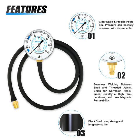 Meanlin gas pressure test gauge kit with 0-35 in wc range, 40-inch hose, and 1/8 in NPT fitting (front view)