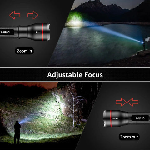 Dual images showing Ultra Bright LED Flashlight With Zoomable Lens 5 Modes High Lumens Waterproof Pocket Size in use at lakeside and forest.