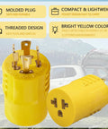 Real Tough No Sweat Generator Adapter Nema L14-30P To 5-15 20R Power Transfer Four Prong 20 Amp 125 250 Volt Converter in bright yellow.