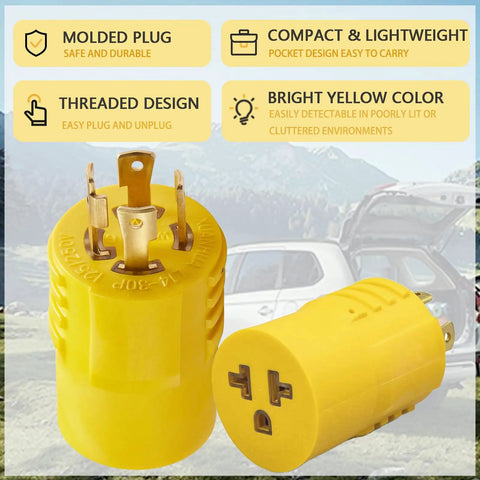 Real Tough No Sweat Generator Adapter Nema L14-30P To 5-15 20R Power Transfer Four Prong 20 Amp 125 250 Volt Converter in bright yellow.