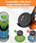 Grab-And-Go 5/8-11 Quick Release Angle Grinder Nuts Self Locking Flange Nut No Wrench Needed For 4.5 And 5 Inch Grinders Metal Knurled Arbor Lock Nut Replacement 1 Pack on grinder showing compatibility with discs.