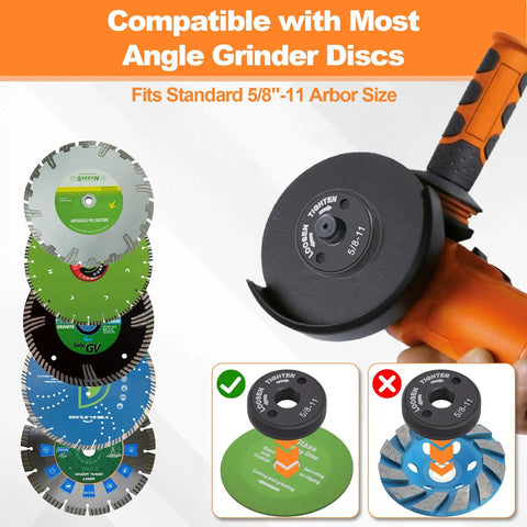 Image showcasing Quick Change Angle Grinder Nuts Five Eight Eleven Thread Spindle Lock Self Locking Two Pack with compatible discs.