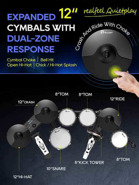 700 Professional Electric Drum Set With Realistic Mesh Pads And 10 Inch Dual Zone Snare showing 12-inch dual-zone cymbals.