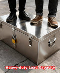 Heavy Duty Stainless Steel Tool Boxes With Rigid Handle And Silent Hydraulic Lids Workhorse Industrial Grade Storage For Warehouse And Construction Sites As Well As Vehicles And Home Use 150 By 50 By 50 Cm, shown under load