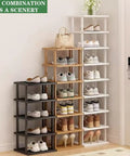5 Tier Bamboo Shoe Rack Space Saver Vertical Organizer For Tight Spots In Small Spaces shown with shoes in entryway